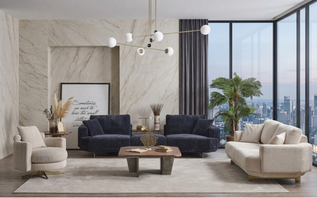 Wunnzëmmer Sofa Set 4+3+1 Sëtzer Design Couch Miwwelen Textil Polster Nei