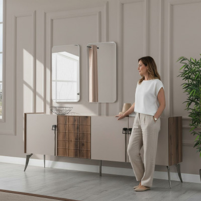 Modern beige Garnitur Luxus Sideboard 2x Spigel Holzmiwwel Anrichte