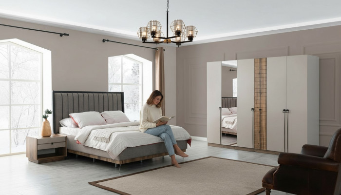 Schlofzëmmer Modern Garnitur Textil Duebelbett Holz Kleederschaf 4tlg
