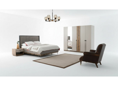 Schlofzëmmer Modern Garnitur Textil Duebelbett Holz Kleederschaf 4tlg