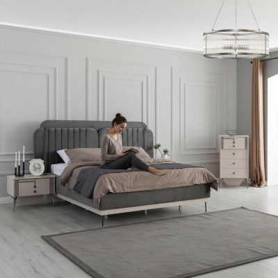 Schlofzëmmer Modernes Set Gro Bett fir zwee 2x Design Nuetsdëscher 3 Deeler