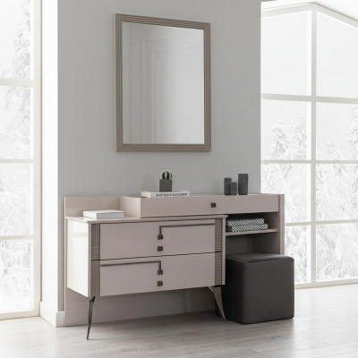 Grouss Schlofzëmmer Ariichtung Designer Textillbett 2x Holz Nuetsdëschcher