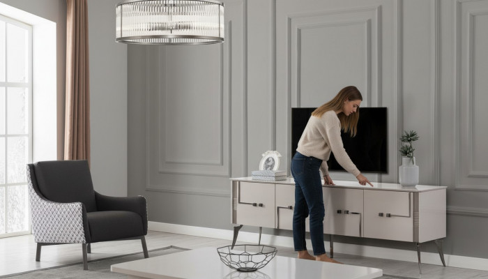 Beige Fernsehschafskästchen Designer Clubdësch Luxus Wunnzëmmer Miwwelen Holz 2 Stéck