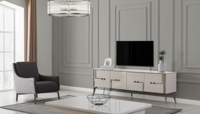 Beige Fernsehschafskästchen Designer Clubdësch Luxus Wunnzëmmer Miwwelen Holz 2 Stéck