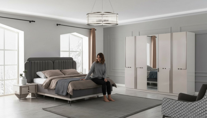 Modern Schlofzëmmer Set duebel Bett Nuetsschränk Kleederschaf Luxus