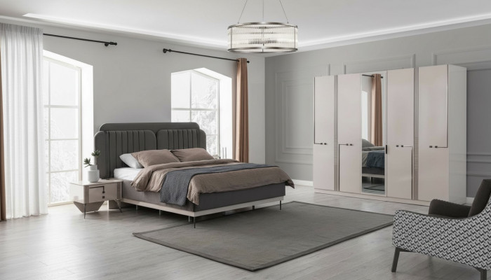 Modern Schlofzëmmer Set duebel Bett Nuetsschränk Kleederschaf Luxus