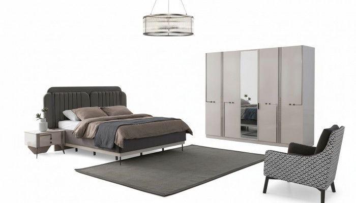 Modern Schlofzëmmer Set duebel Bett Nuetsschränk Kleederschaf Luxus