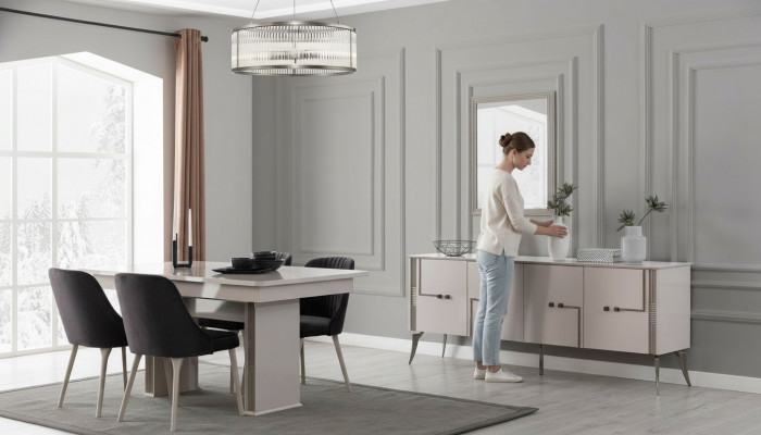 Al Wäiss Iesszëmmer Garnitur Groussen Iessdësch 4x Stëfter aus Textil Sideboard
