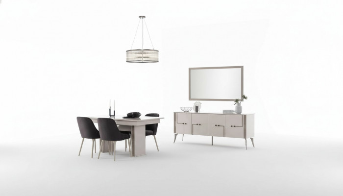 Al Wäiss Iesszëmmer Garnitur Groussen Iessdësch 4x Stëfter aus Textil Sideboard