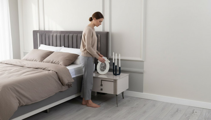 Beige Nuetsdësch Schlofzimmer Holzmobiliar Holzkonsole Luxus Nuetsdëscher