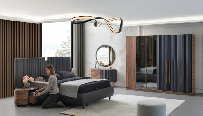 Schwaarz-Beige Schlofzëmmer Garnitur Designer Duebelbett 2x Nuetsdëscher
