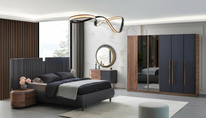 Schwaarz-Beige Schlofzëmmer Garnitur Designer Duebelbett 2x Nuetsdëscher