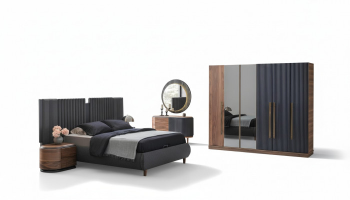 Schwaarz-Beige Schlofzëmmer Garnitur Designer Duebelbett 2x Nuetsdëscher