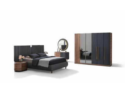 Schwaarz-Beige Schlofzëmmer Garnitur Designer Duebelbett 2x Nuetsdëscher