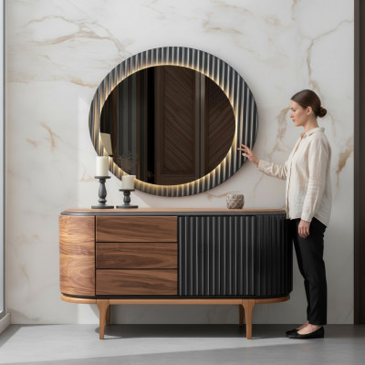 Braune Kommode Mat Schief LED-Spigel Designer Schlofkummer Garnitur