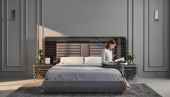 Grau Schlofzëmmer-Sets Duebelbett 2x Nuetsdëscher Mat Schiefen
