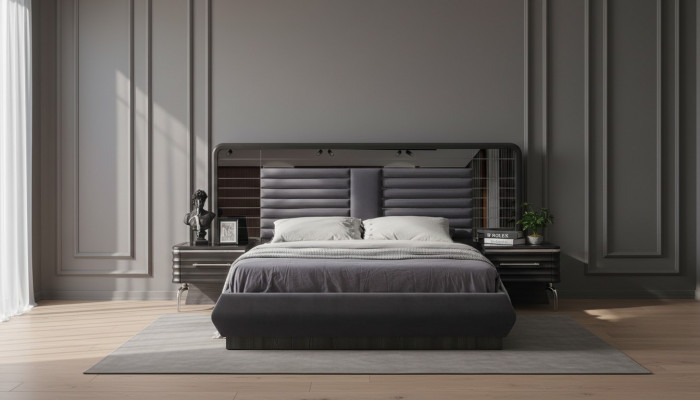 Grau Schlofzëmmer-Sets Duebelbett 2x Nuetsdëscher Mat Schiefen