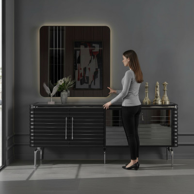 Stilvoll Iesszëmmer Garnitur Luxus Schwaarz Sideboard Spigel Holzmiwwel