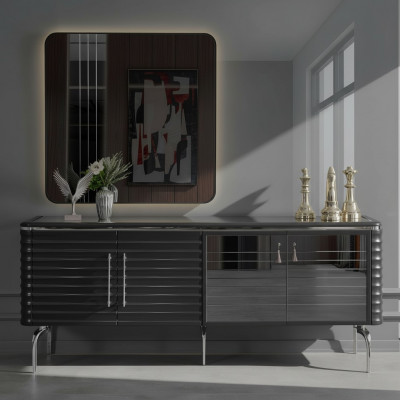 Stilvoll Iesszëmmer Garnitur Luxus Schwaarz Sideboard Spigel Holzmiwwel