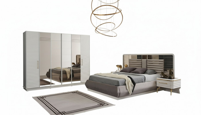 Modern Duebelbett 2x Nuetsdëscher Kleederschaf Schlofzëmmer Set 4 Deeler