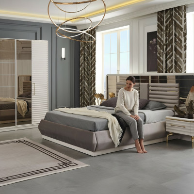 Modern Schlofzëmmer Miwwelen Designer Duebelbett 2x Holz Nuetsdëscher 3tlg