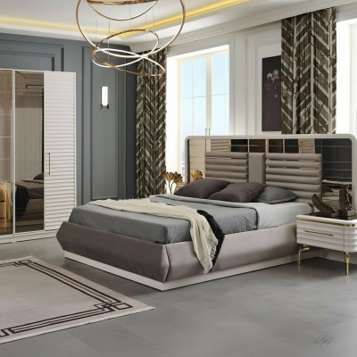 Modern Schlofzëmmer Miwwelen Designer Duebelbett 2x Holz Nuetsdëscher 3tlg