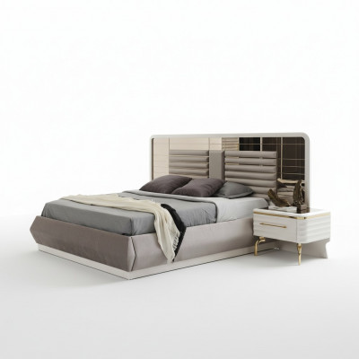 Modern Schlofzëmmer Miwwelen Designer Duebelbett 2x Holz Nuetsdëscher 3tlg