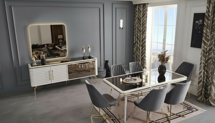 Wäiss-Gro Esszëmmer Garnitur Holzdësch 6x Textilstill Sideboard 9tlg