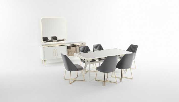 Wäiss-Gro Esszëmmer Garnitur Holzdësch 6x Textilstill Sideboard 9tlg