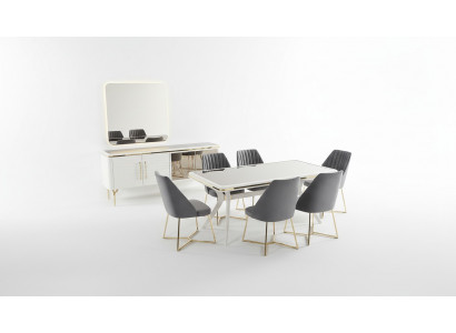 Wäiss-Gro Esszëmmer Garnitur Holzdësch 6x Textilstill Sideboard 9tlg