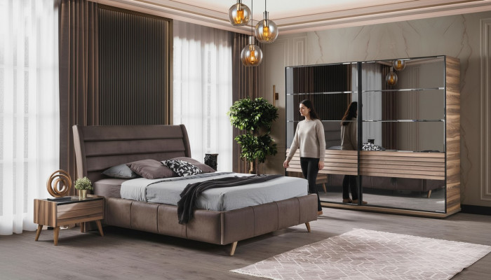 Modern Schlofzëmmer Miwwelen Polster Duebelbett Holz Nuetsdëscher Schaf