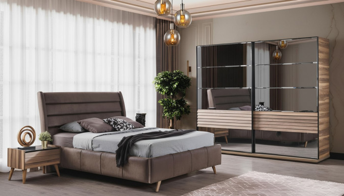 Modern Schlofzëmmer Miwwelen Polster Duebelbett Holz Nuetsdëscher Schaf