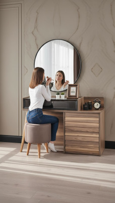 Braune Holz Schminktisch mat Ronnspigel Designer Schlofzëmmer 2-teilgt Set Konsol.