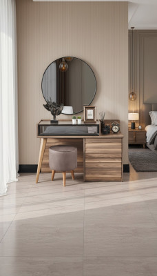 Braune Holz Schminktisch mat Ronnspigel Designer Schlofzëmmer 2-teilgt Set Konsol.
