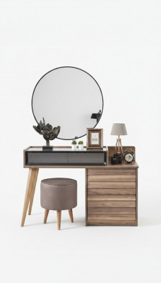 Braune Holz Schminktisch mat Ronnspigel Designer Schlofzëmmer 2-teilgt Set Konsol.