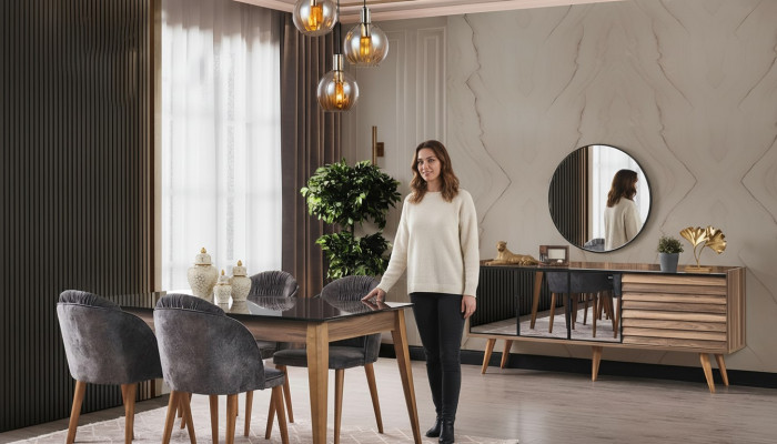 Komplett brong Iesszëmmer Garnitur Iessdësch 4x Still Säitenschaf 7tlg