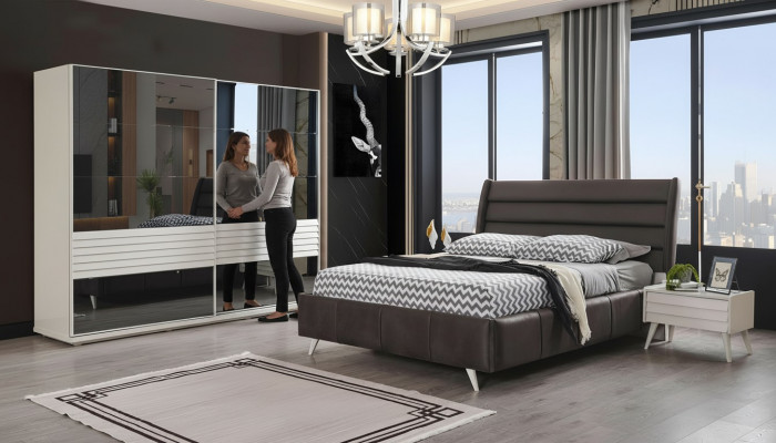 Schlofkummermiwwelen Glasschaf Designer duebel Bett Holz Nuetsdësch 4stéckeg.