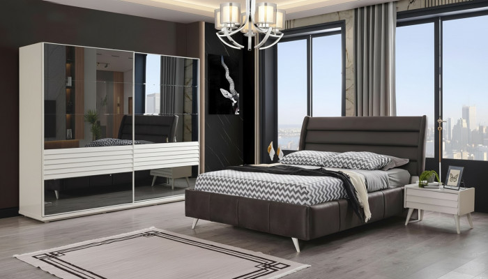 Schlofkummermiwwelen Glasschaf Designer duebel Bett Holz Nuetsdësch 4stéckeg.
