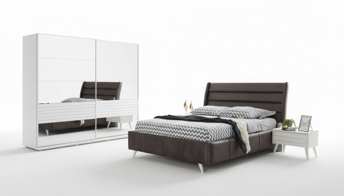Schlofkummermiwwelen Glasschaf Designer duebel Bett Holz Nuetsdësch 4stéckeg.