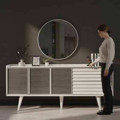 Wäisst Sideboard Luxusäregen Rondspigel Designer Holzmiwwelen 2-teil Set Neit