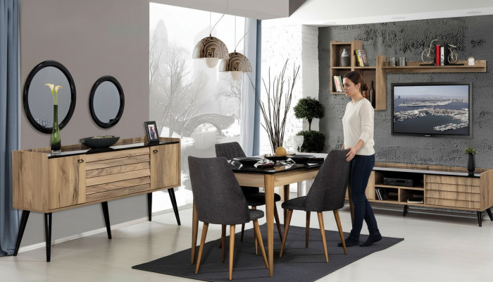 Schwaarz-Brong Iesszëmmer Set Iessdësch 4x Still Sideboard Spigel 8-deelg