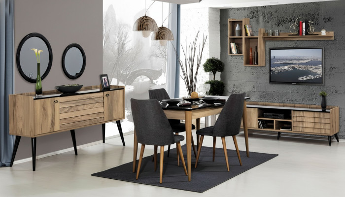 Schwaarz-Brong Iesszëmmer Set Iessdësch 4x Still Sideboard Spigel 8-deelg