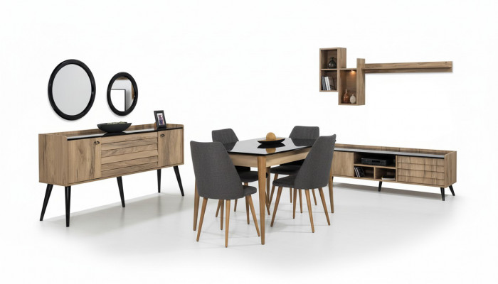 Schwaarz-Brong Iesszëmmer Set Iessdësch 4x Still Sideboard Spigel 8-deelg