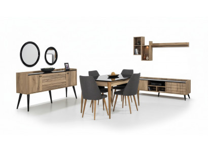 Schwaarz-Brong Iesszëmmer Set Iessdësch 4x Still Sideboard Spigel 8-deelg