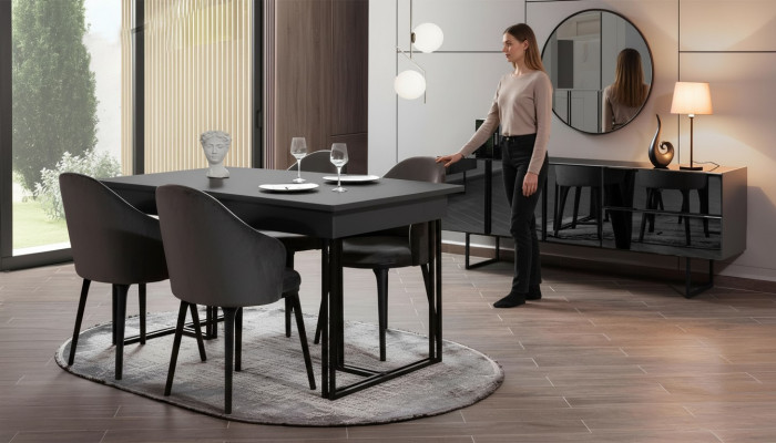 Schwaarz Edel Iesszëmmer Holzmiwwelen Designer Iessdësch Schief Stullën
