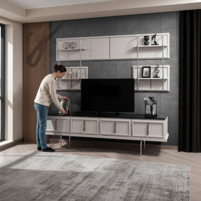 Wäiss Wunnzëmmer Wandgarnitur TV-Schaf Luxus Hängeregal 3tlg Set Neij