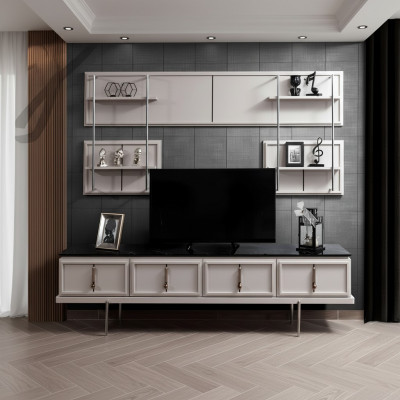 Wäiss Wunnzëmmer Wandgarnitur TV-Schaf Luxus Hängeregal 3tlg Set Neij