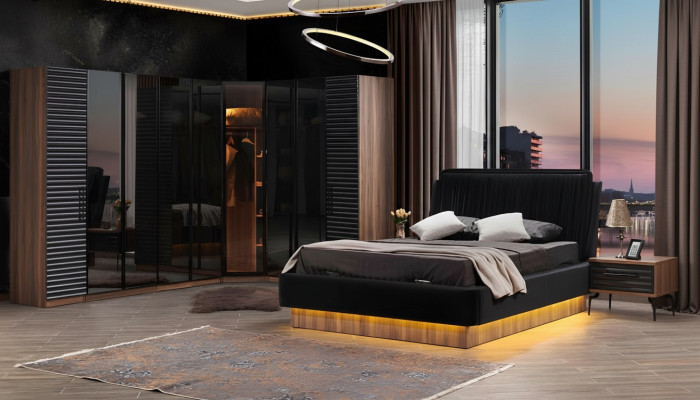 Braun-schwaarze Schlofzëmmer-Set komplett Garnitur Bett 2x Nuetsdëscher.
