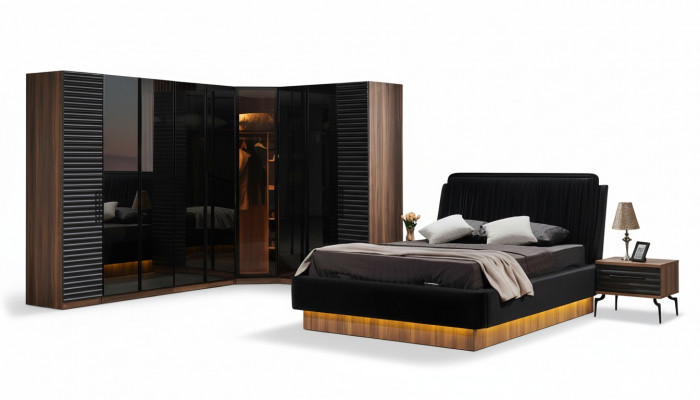 Braun-schwaarze Schlofzëmmer-Set komplett Garnitur Bett 2x Nuetsdëscher.