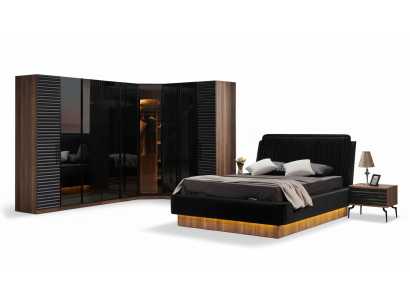 Braun-schwaarze Schlofzëmmer-Set komplett Garnitur Bett 2x Nuetsdëscher.